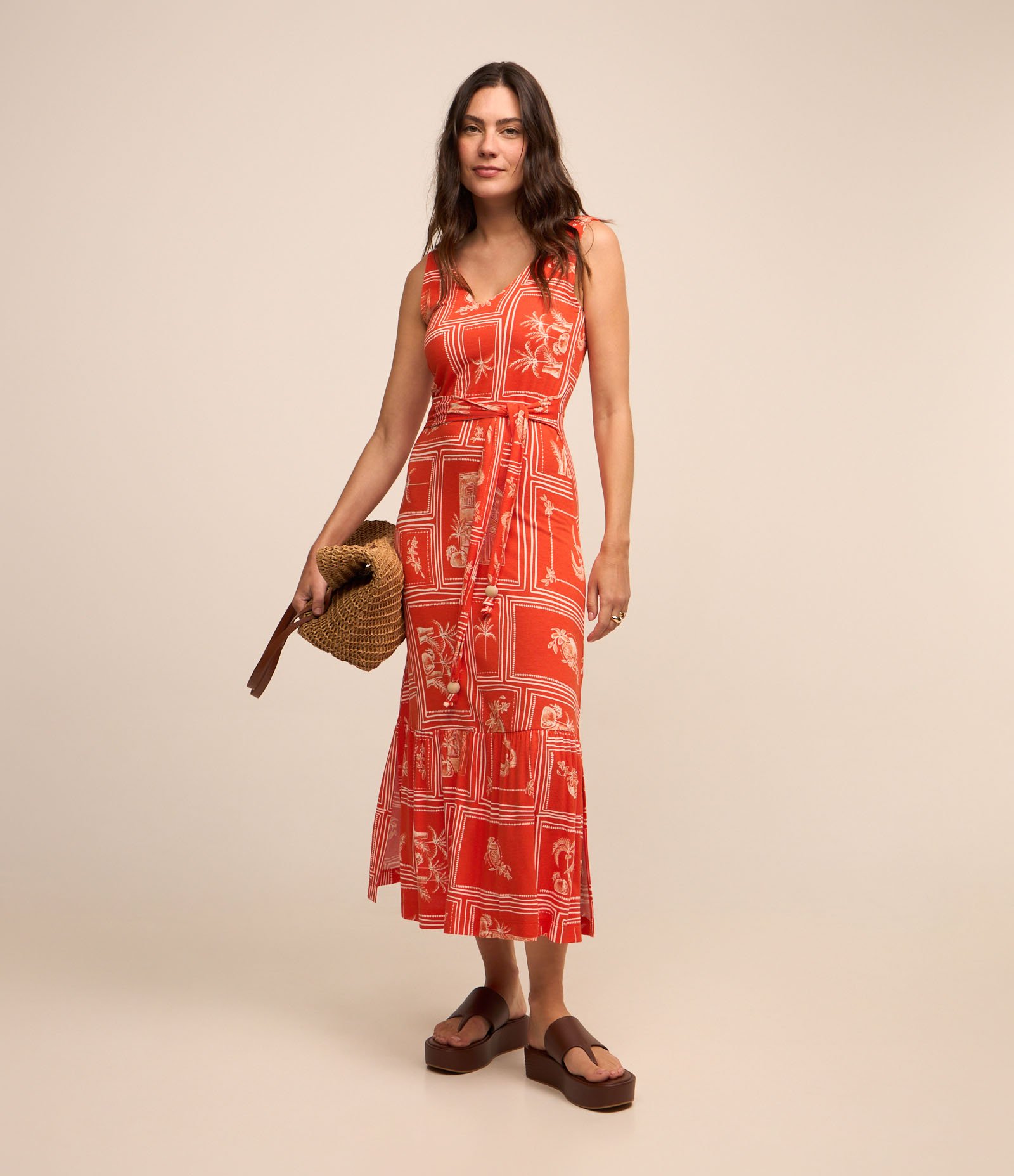 Vestido New Midi em Viscose com Amarração na Cintura Laranja 2