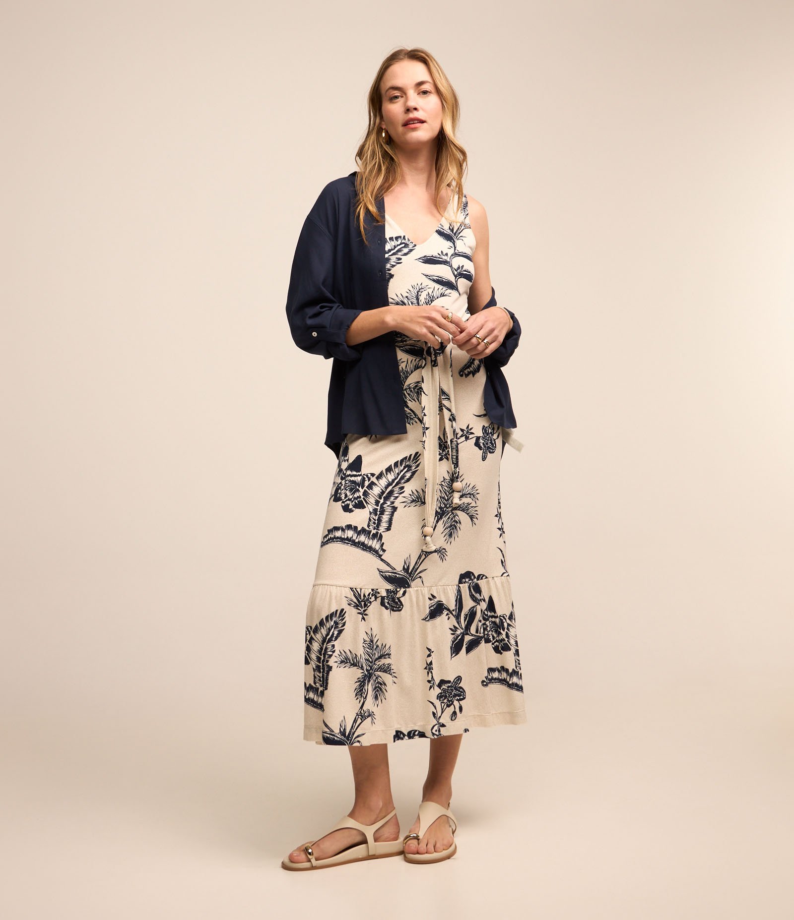 Vestido New Midi em Malha de Viscose com Amarração na Cintura Off White 1