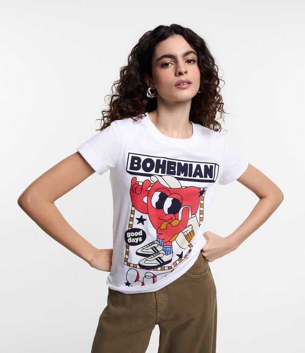 Camiseta em Algodão com Estampa Divertida Coração Boêmio