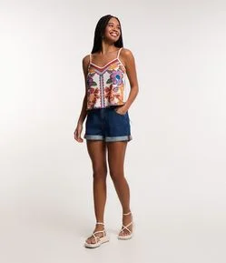 Short Baggy Cintura Alta em Jeans Elástico no Cós