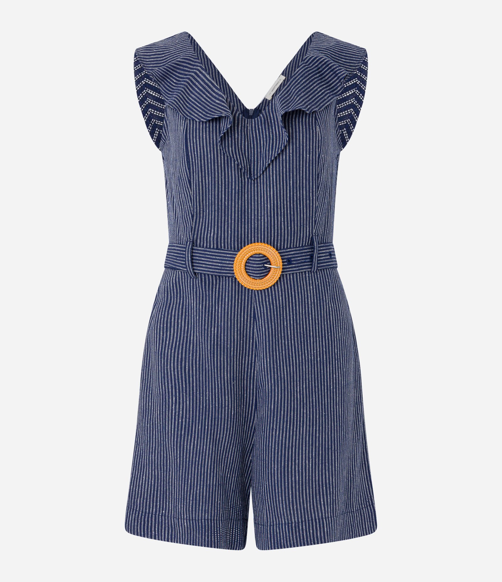 Macaquinho em Viscolinho Listrado com Babado e Cinto Azul 5