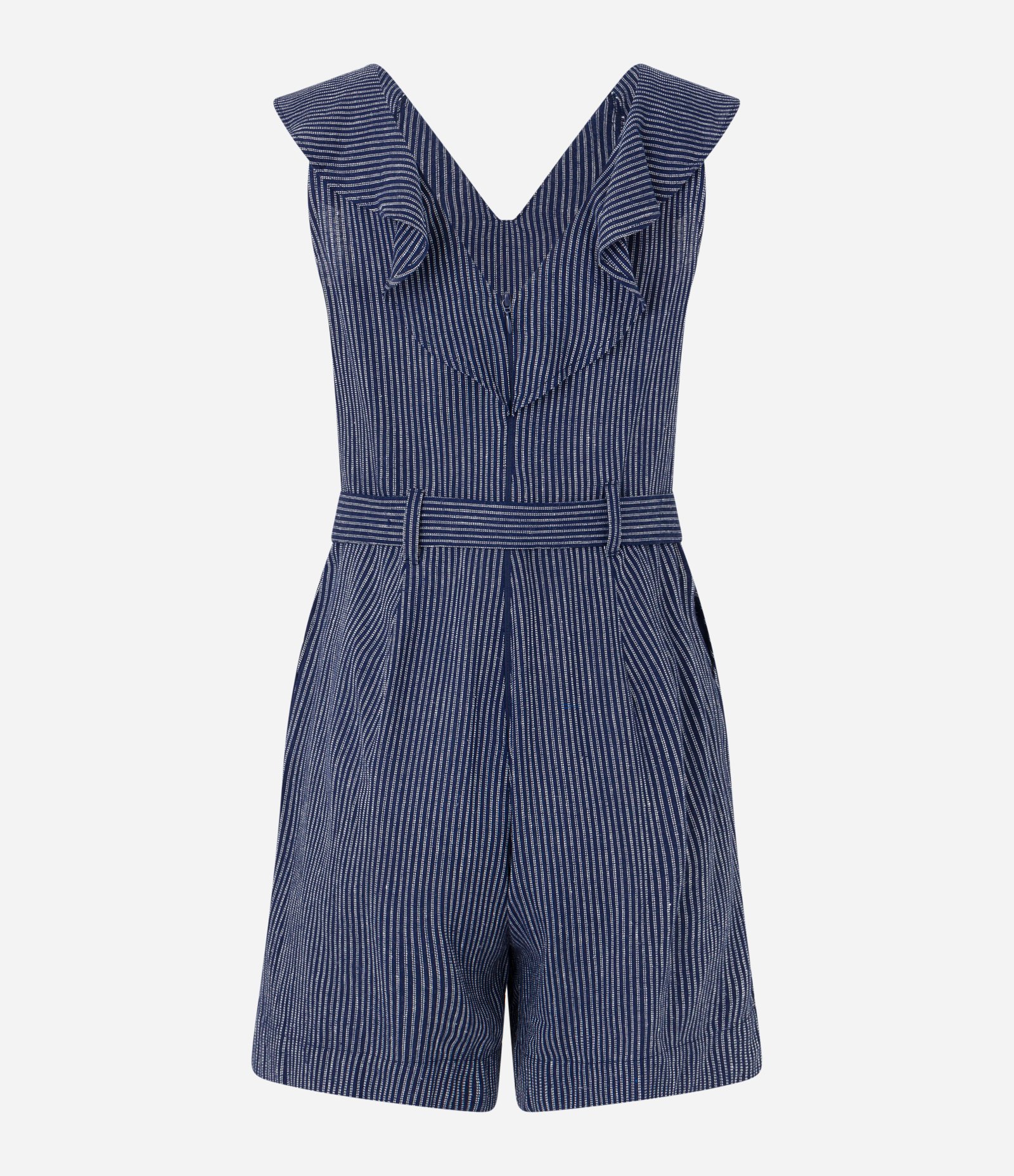 Macaquinho em Viscolinho Listrado com Babado e Cinto Azul 6