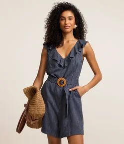 Macaquinho em Viscolinho Listrado com Babado e Cinto