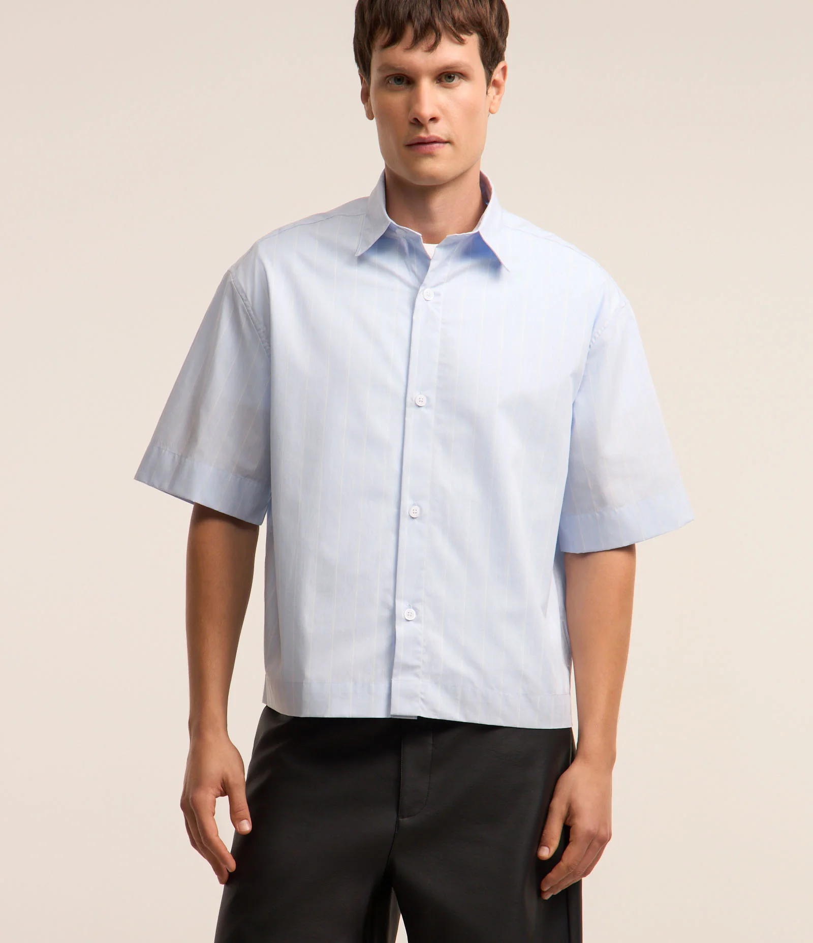 Camisa Boxy em Algodão com Estampa Listras em Fio Tinto Azul 1