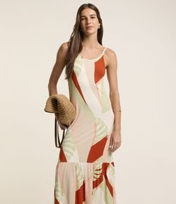 Vestido New Midi em Viscose com Estampa de Folhagem e Babado na Barra