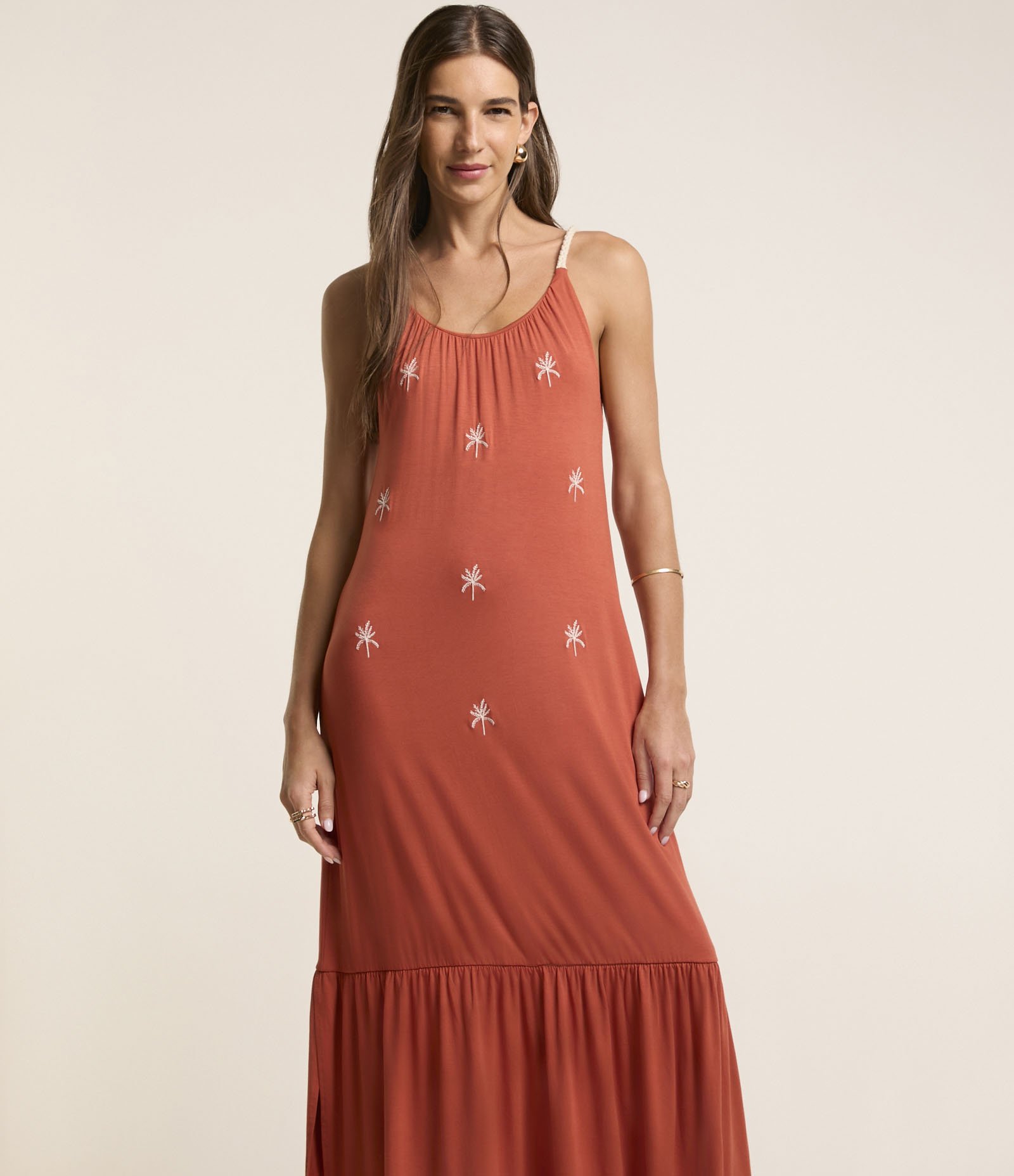 Vestido New Midi com Bordado de Coqueiros e Alças de Corda Laranja 2