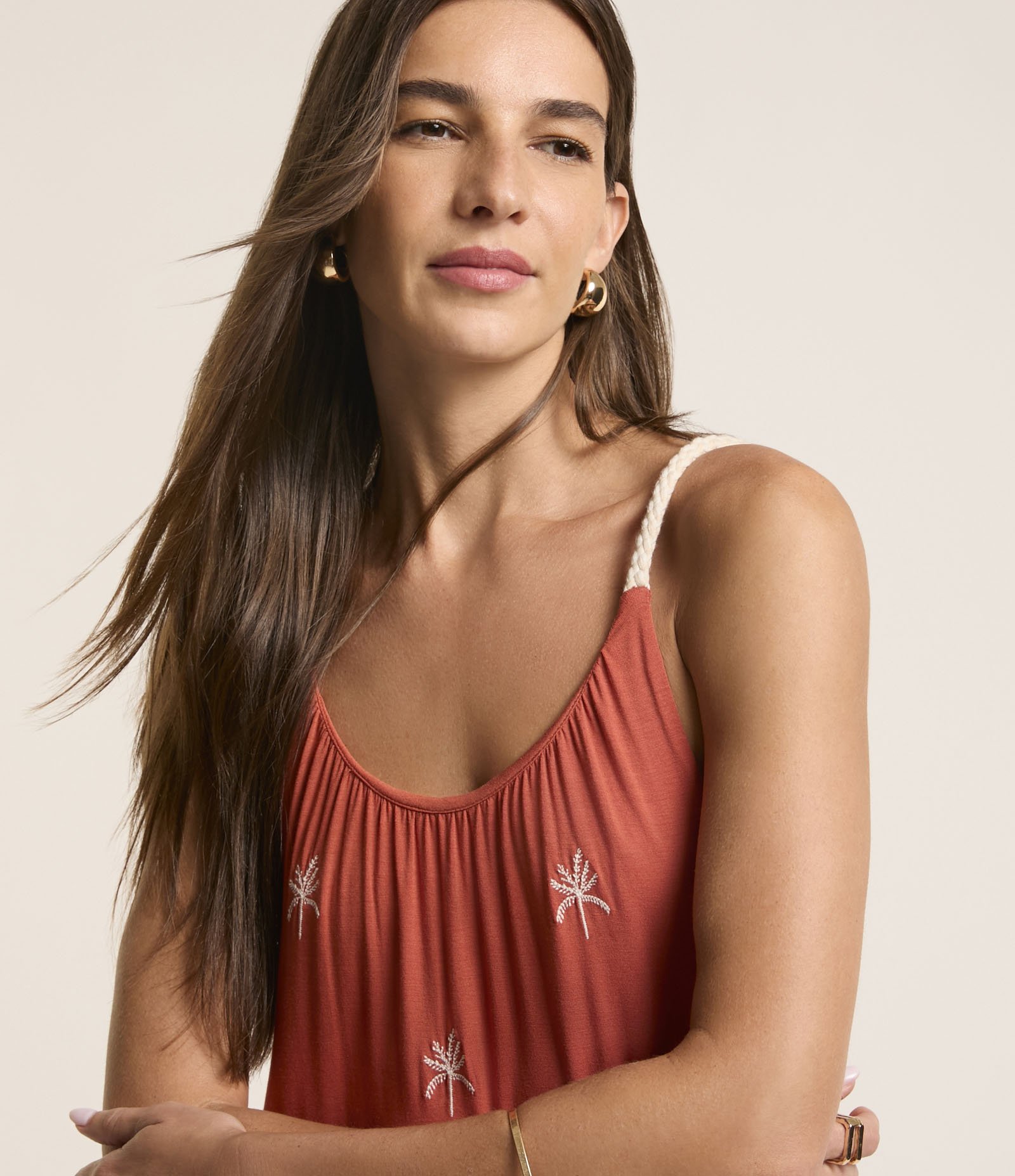 Vestido New Midi com Bordado de Coqueiros e Alças de Corda Laranja 3