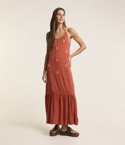 Vestido New Midi com Bordado de Coqueiros e Alças de Corda