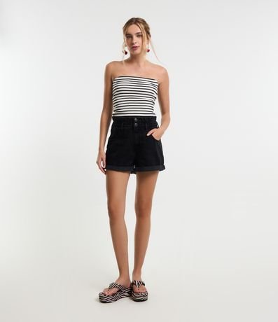 Short Baggy Cintura Alta em Jeans com Cós Duplo Short Baggy Cintura Alta em Jeans com Cós Duplo