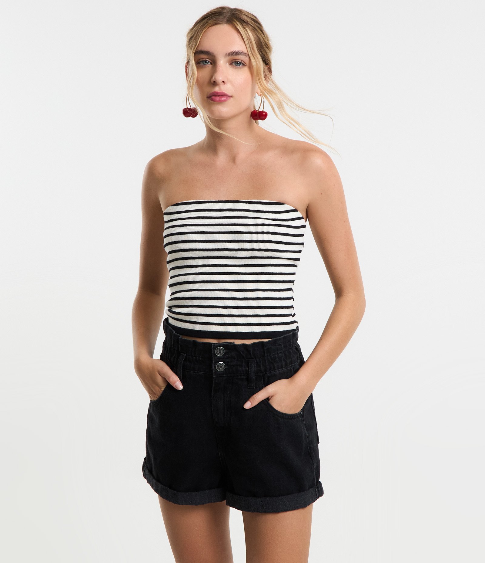 Short Baggy Cintura Alta em Jeans com Cós Duplo Preto 2