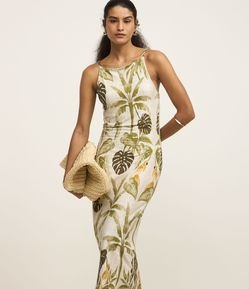 Vestido Midi em Viscose com Decote Costas e Estampa Folhagens
