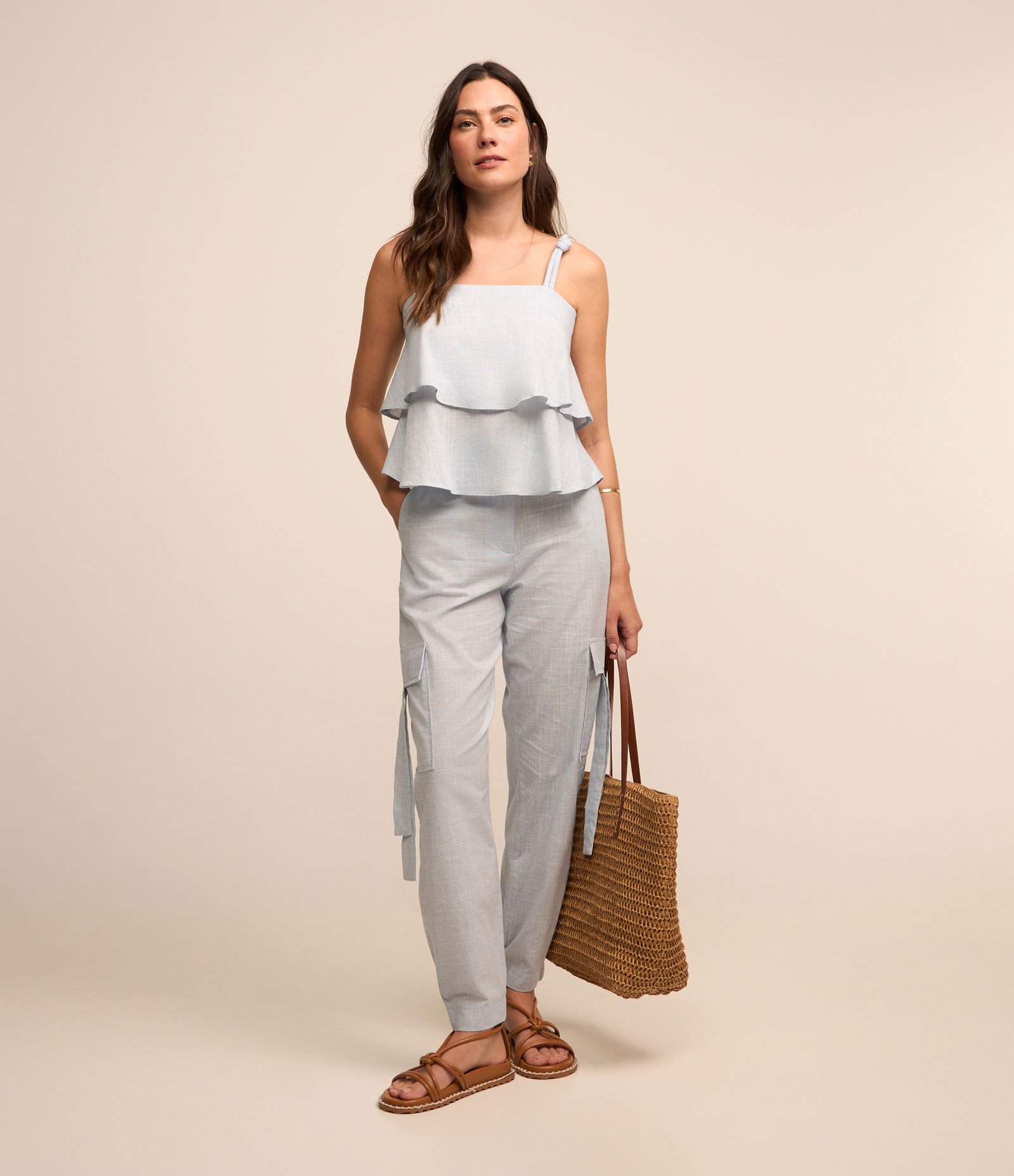 Calça em Tricoline com Bolsos Cargo nas Laterais Azul 1