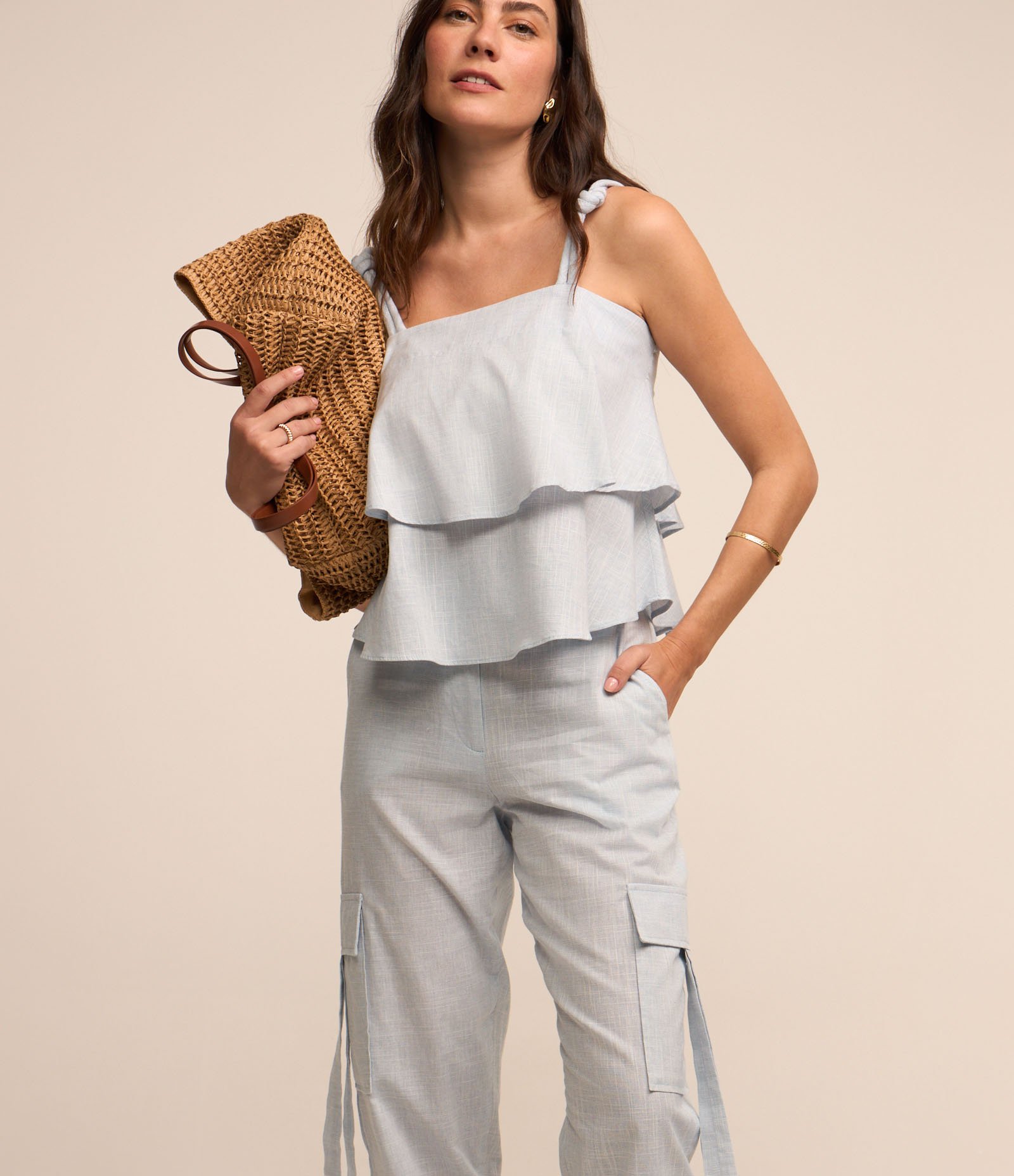 Calça em Tricoline com Bolsos Cargo nas Laterais Azul 2