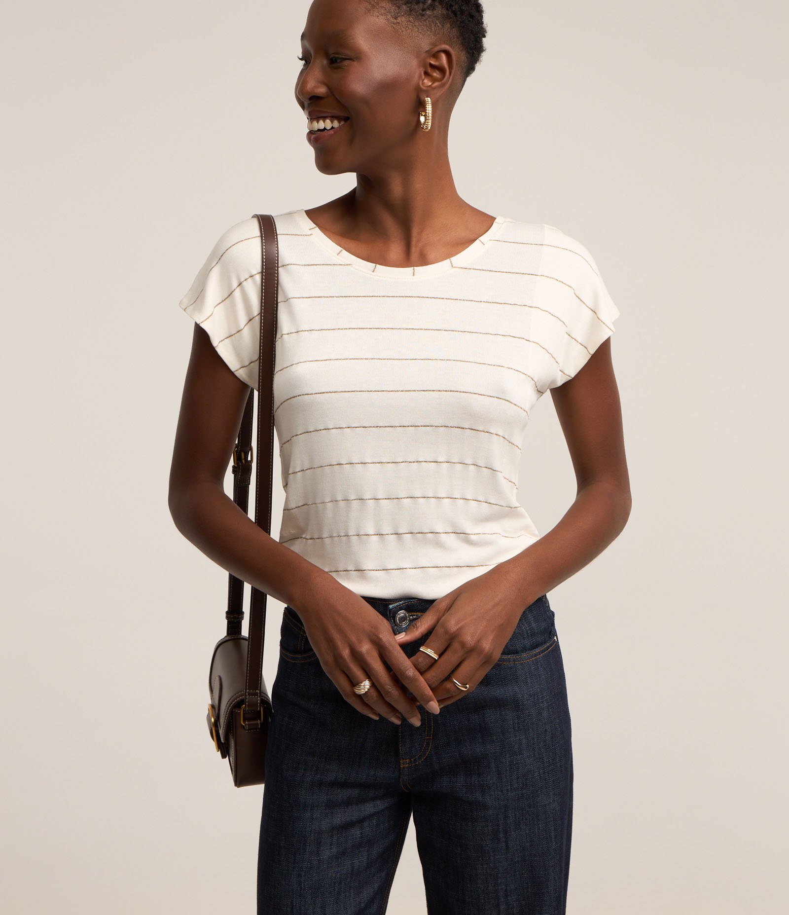 Blusa em Viscose com Estampa Listrada e Detalhe em Fio Metalizado Branco Neve 1