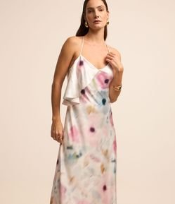 Vestido Midi Acetinado Estampa Floral com Detalhe Sobreposto