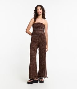 Calça Pantalona em Tule com Estampa Animal Print Oncinha