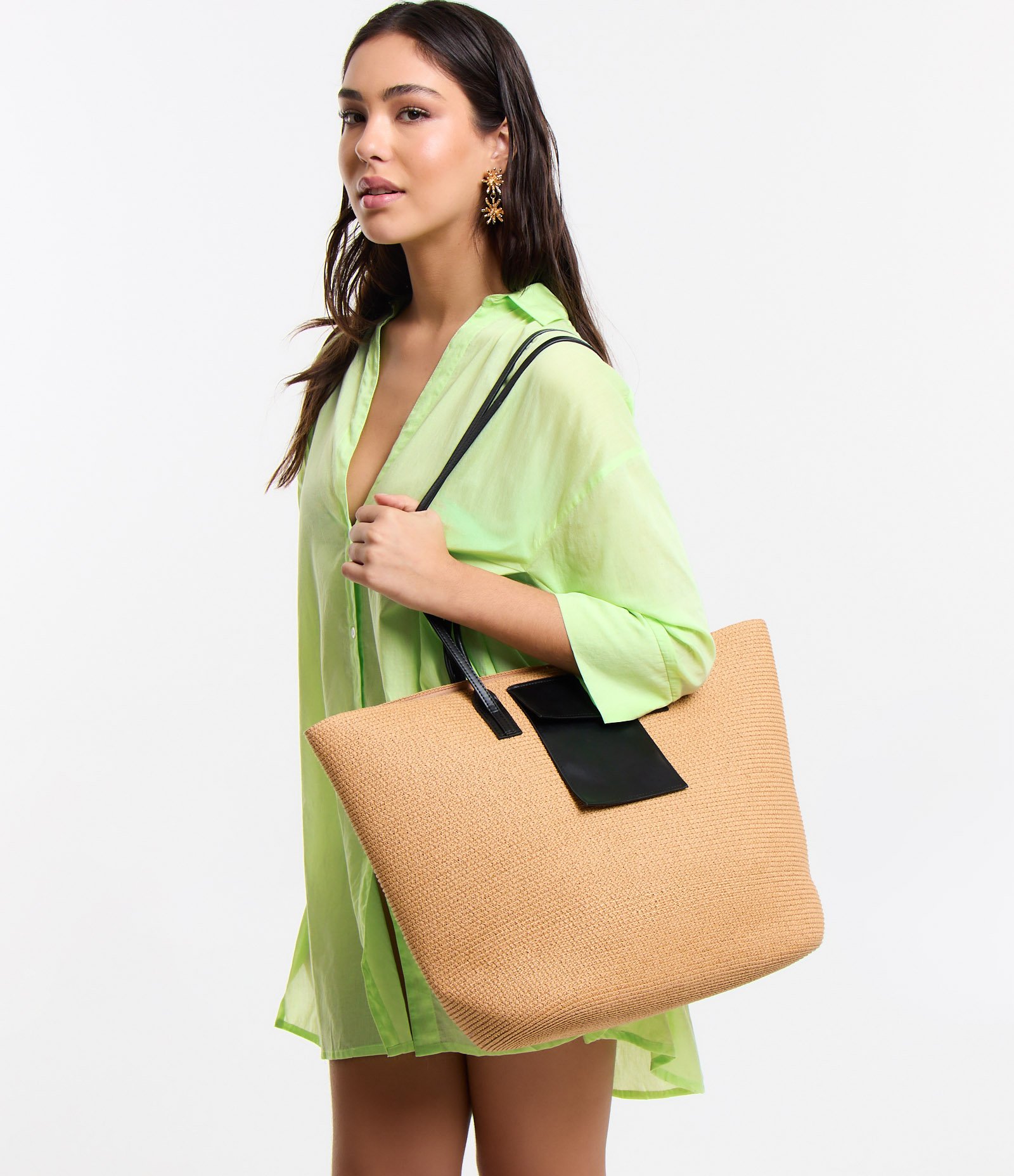 Bolsa de Praia Grande com Bolsinho e Alças em PU Bege 8