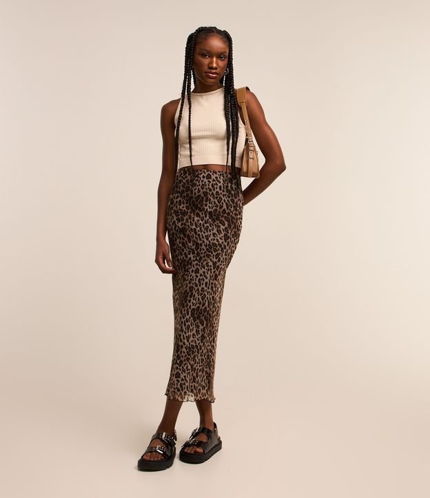 Saia Midi em Tule com Estampa Animal Print e Acabamento Frufru
