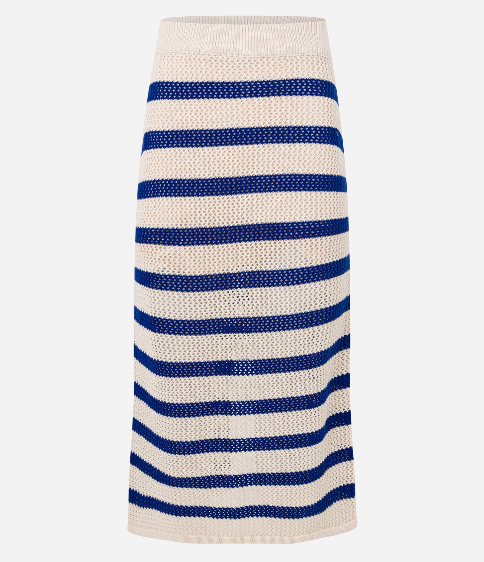 Saia Reta Midi em Tricô Listrado com Ponto Aberto Bege/Azul 5