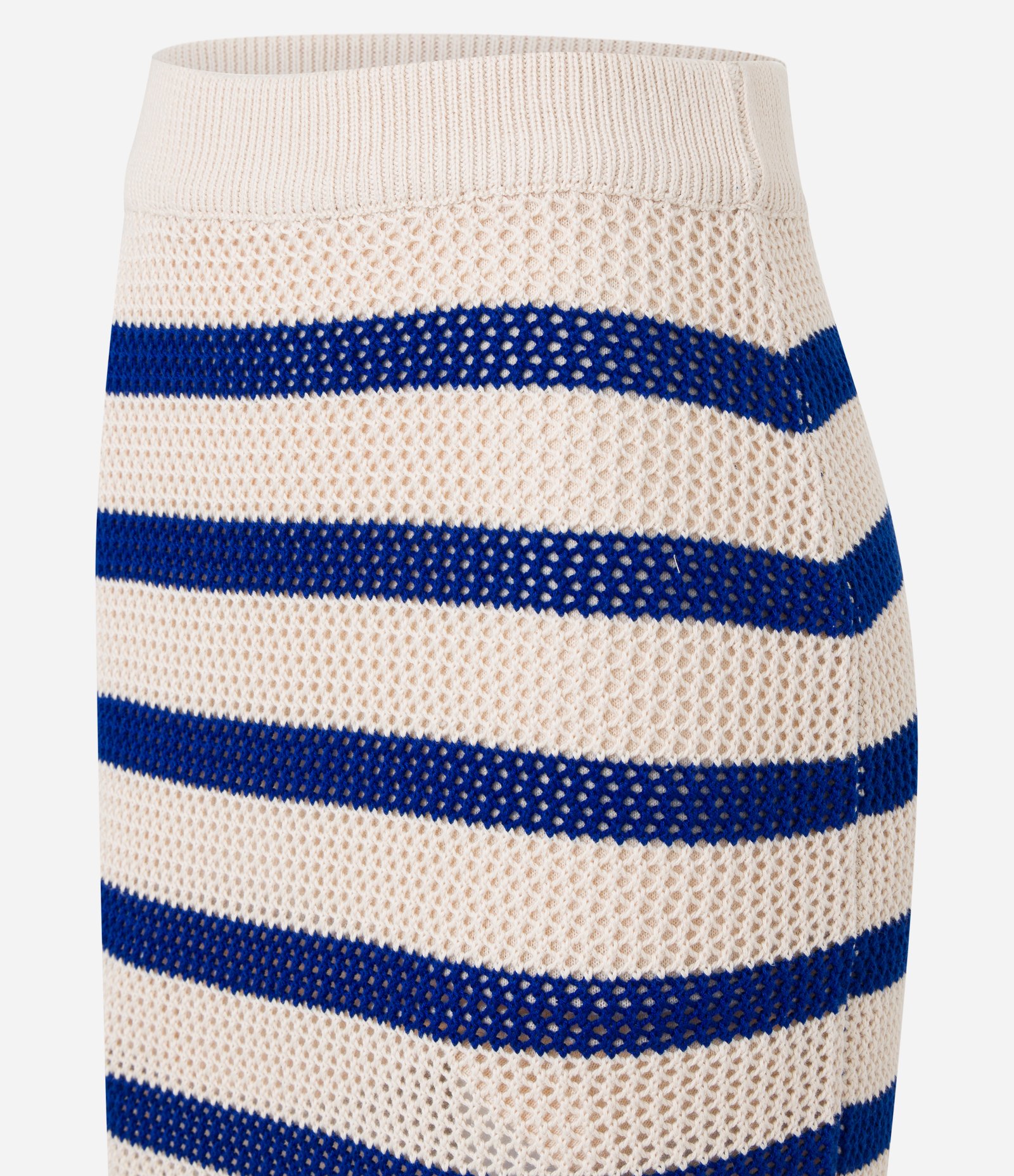 Saia Reta Midi em Tricô Listrado com Ponto Aberto Bege/Azul 6