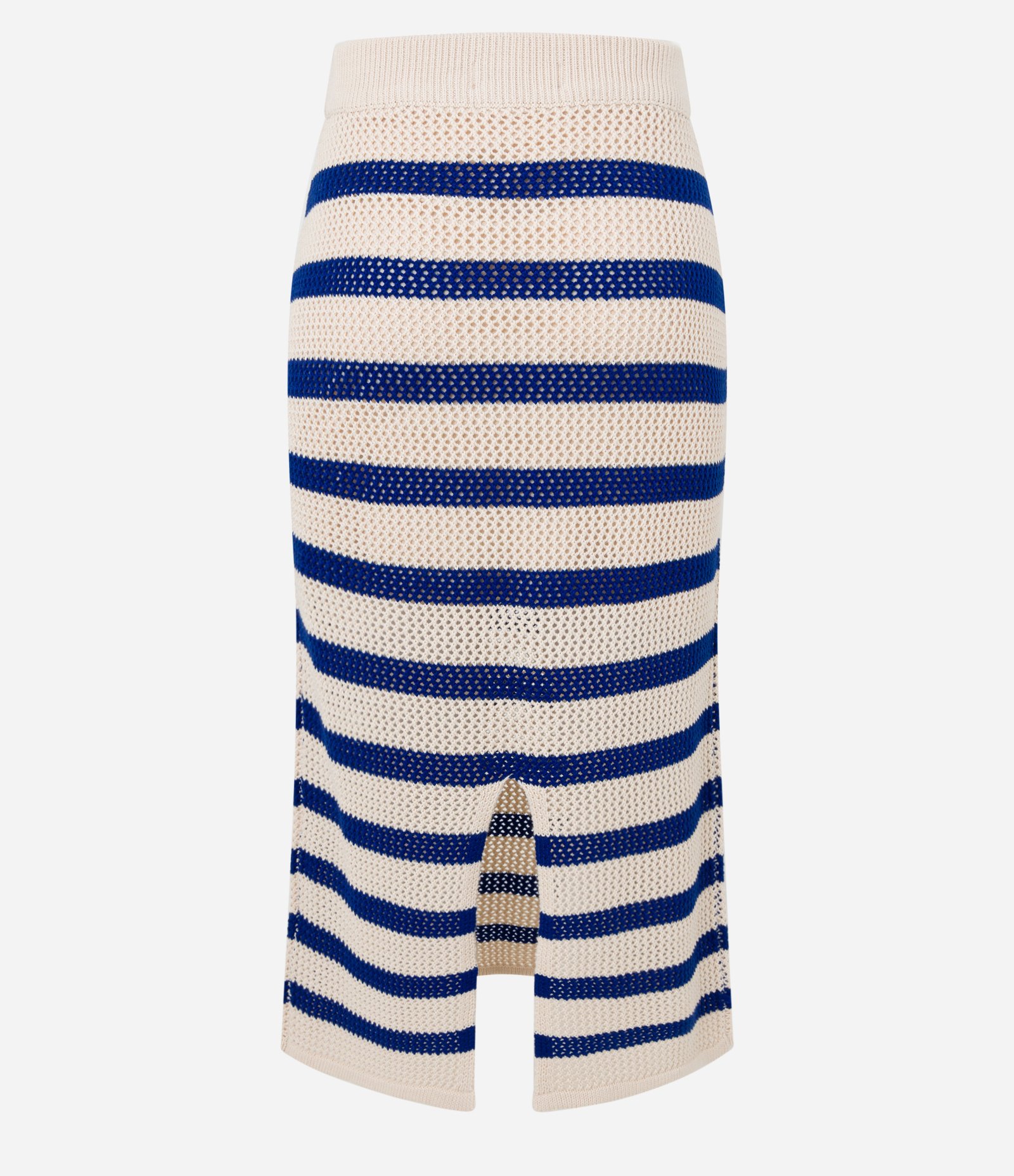 Saia Reta Midi em Tricô Listrado com Ponto Aberto Bege/Azul 7
