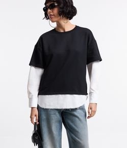 Blusa em Moletom com Sobreposição nas Mangas e Barra