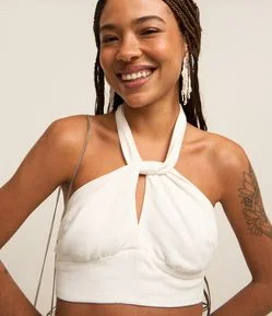 Blusa Cropped em Viscose e Linho com Busto Cruzado