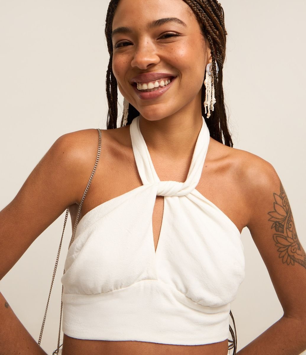 Blusa Cropped em Viscose e Linho com Busto Cruzado Branco