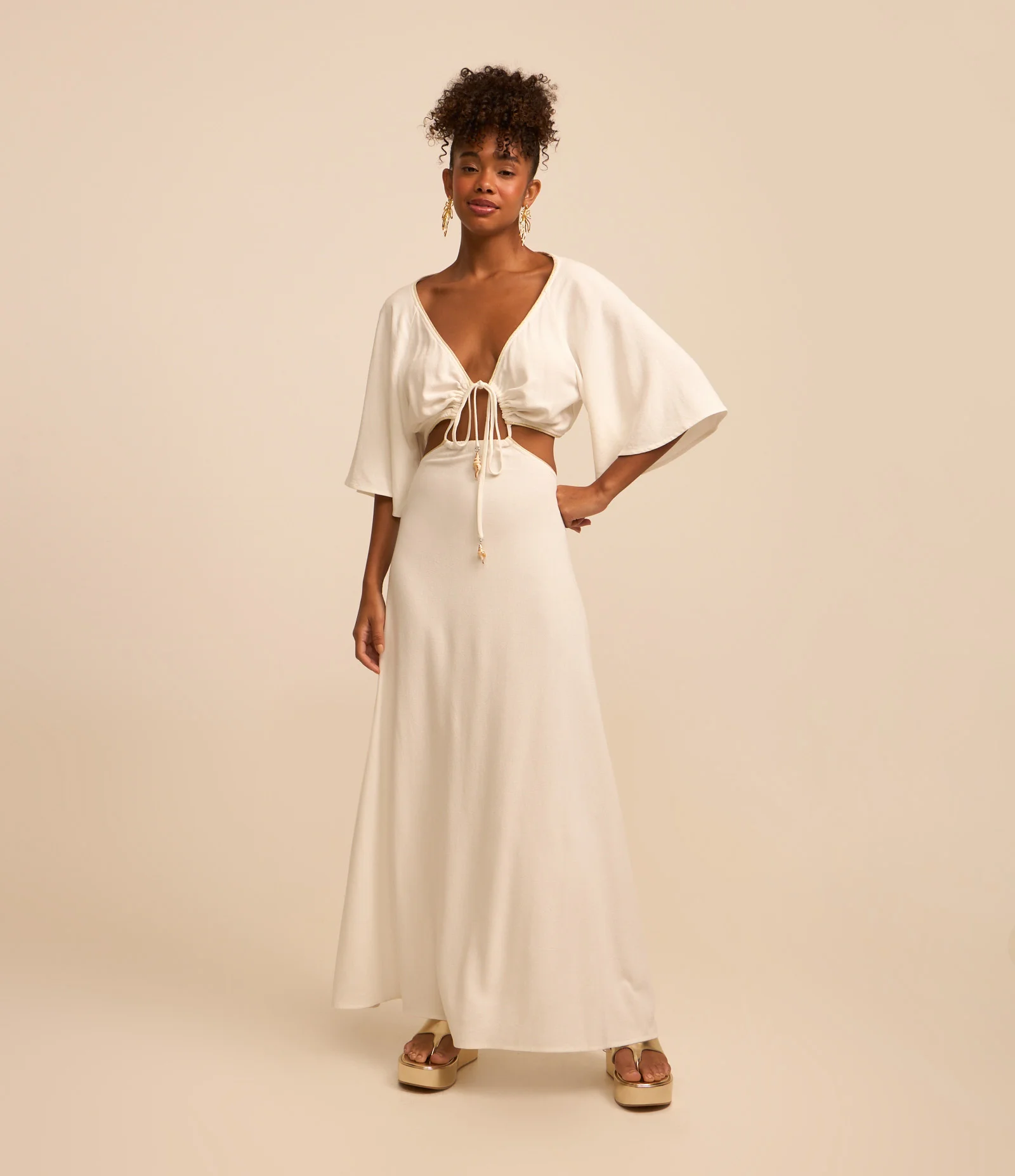 Vestido New Midi em Viscose e Linho com Abertura na Cintura e Manga Soltinha Branco 1