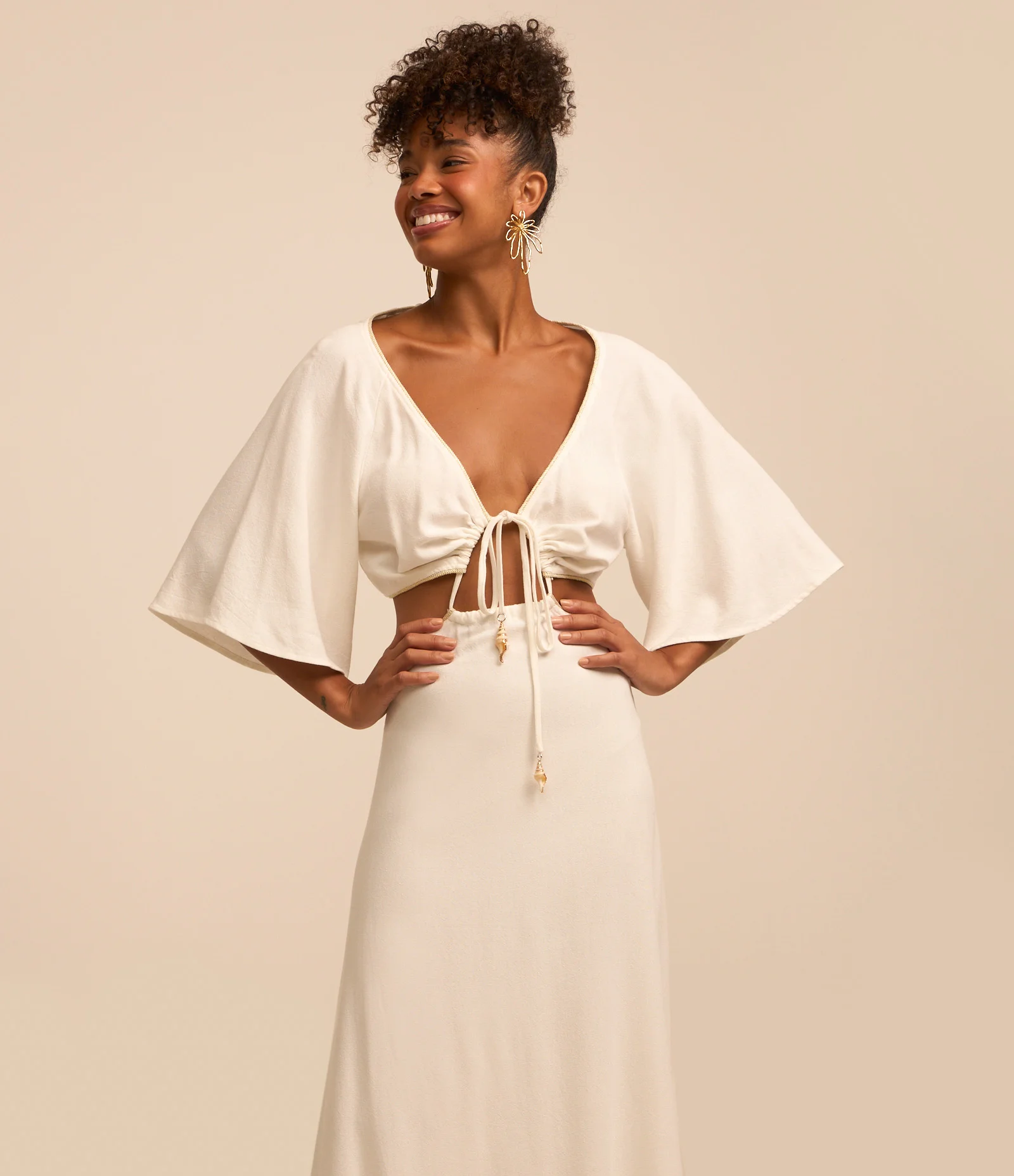 Vestido New Midi em Viscose e Linho com Abertura na Cintura e Manga Soltinha Branco 2