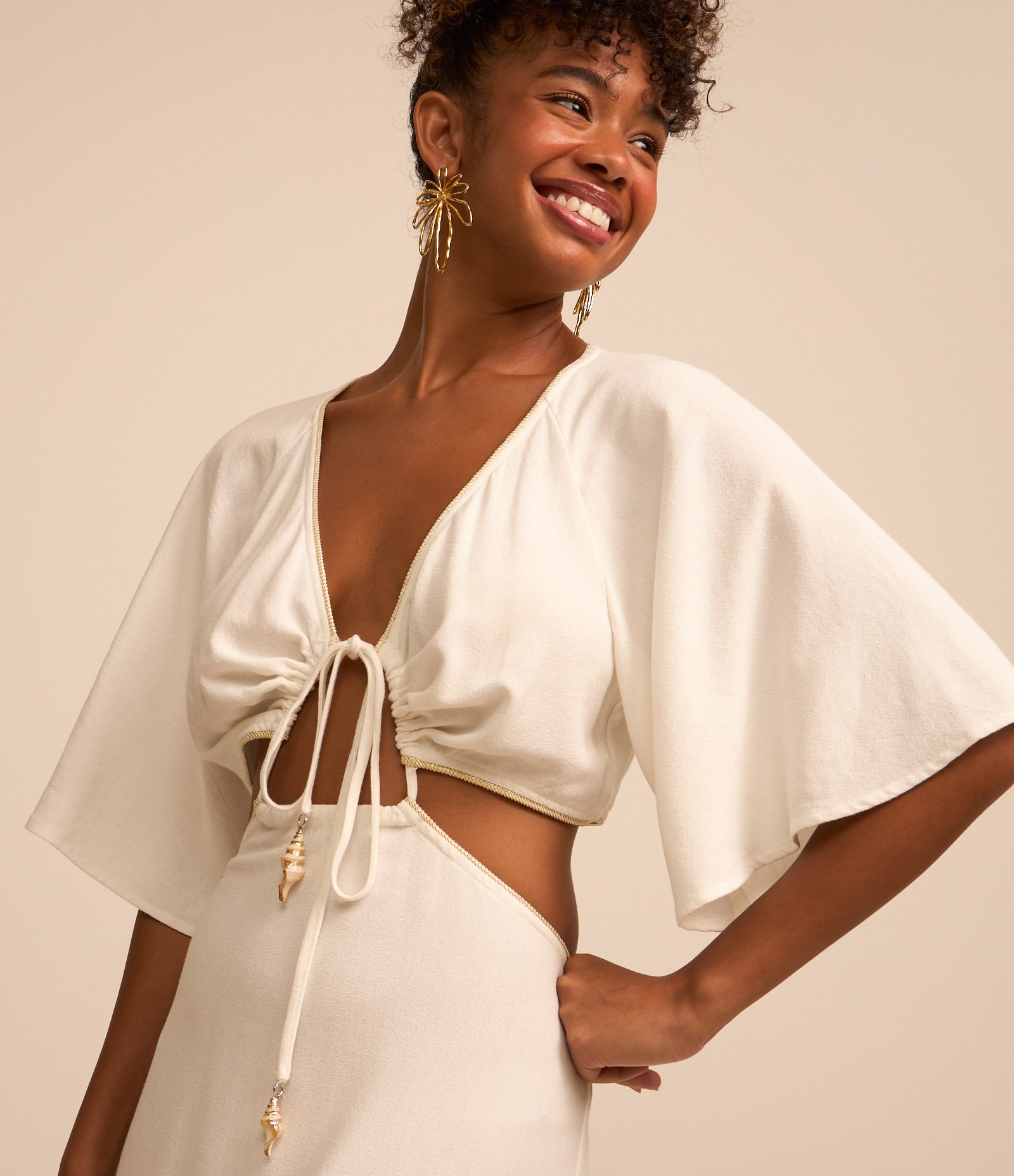 Vestido New Midi em Viscose e Linho com Abertura na Cintura e Manga Soltinha Branco 3