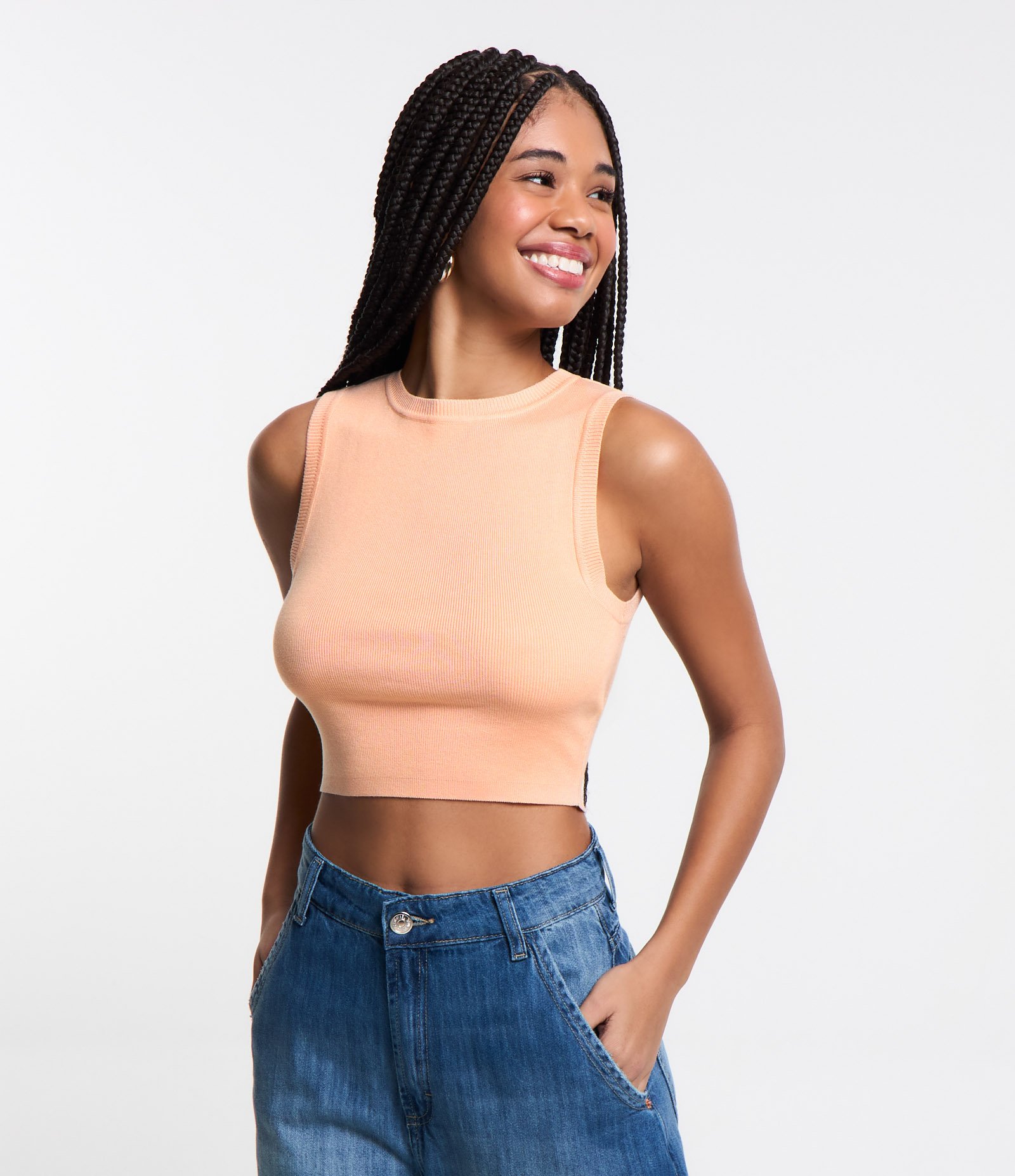 Blusa Regata Cropped em Viscose Canelada Rosa Coral 1