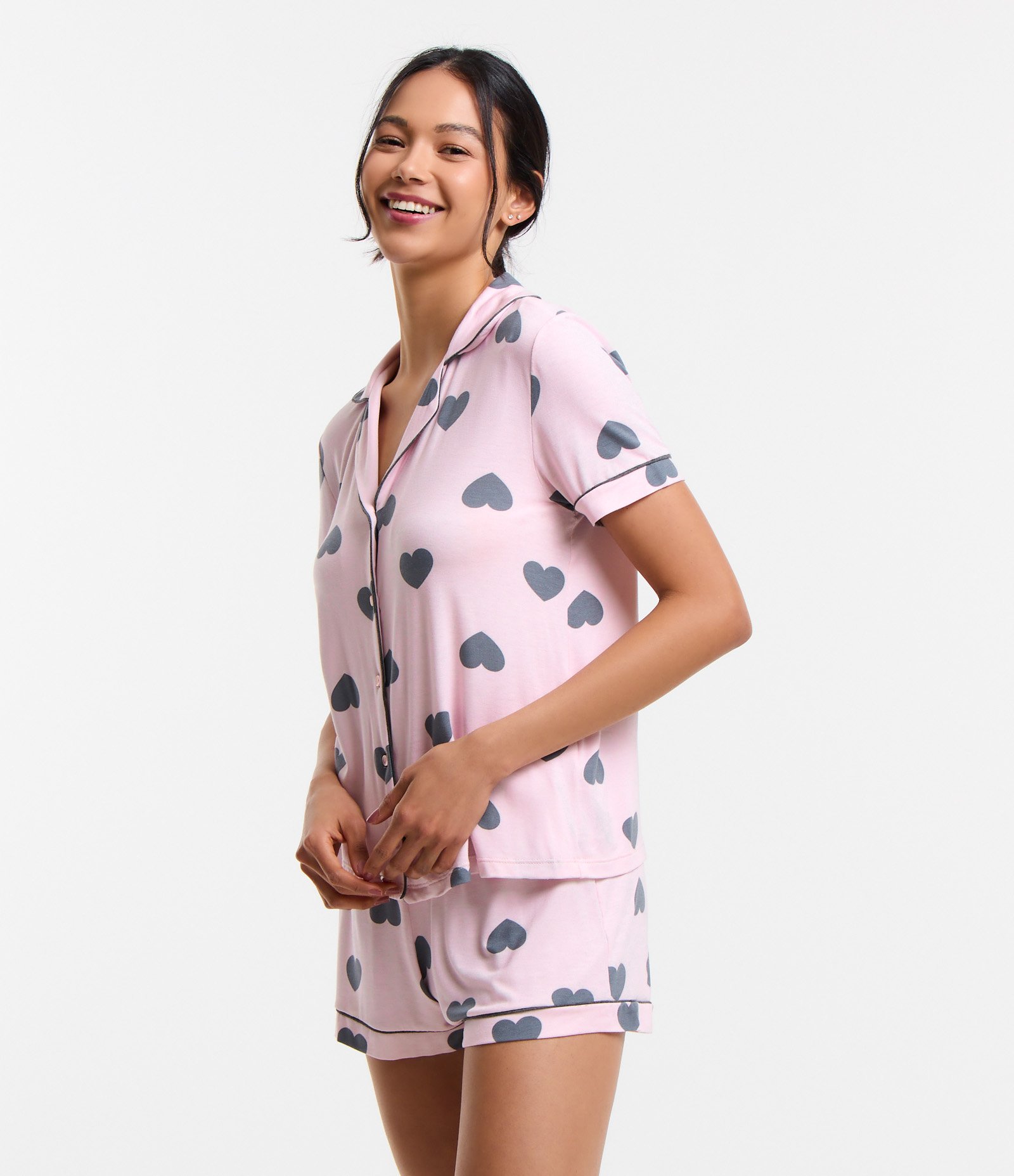 Pijama Americano Curto em Viscose com Estampa de Corações Rosa 1