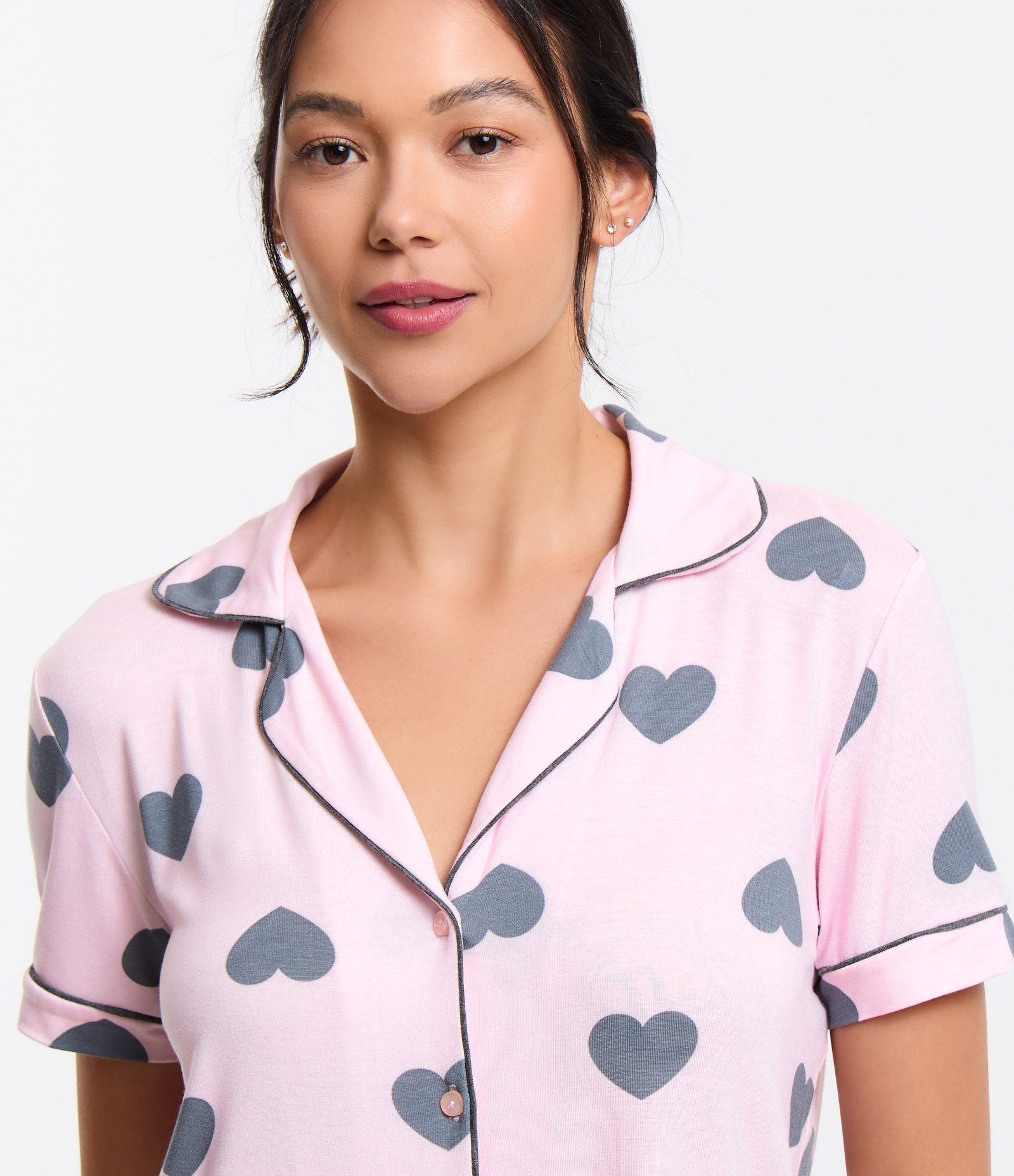 Pijama Americano Curto em Viscose com Estampa de Corações Rosa 3
