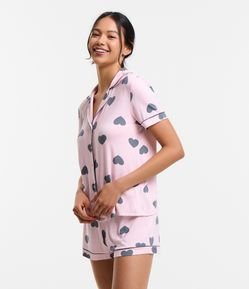 Pijama Americano Curto em Viscose com Estampa de Corações