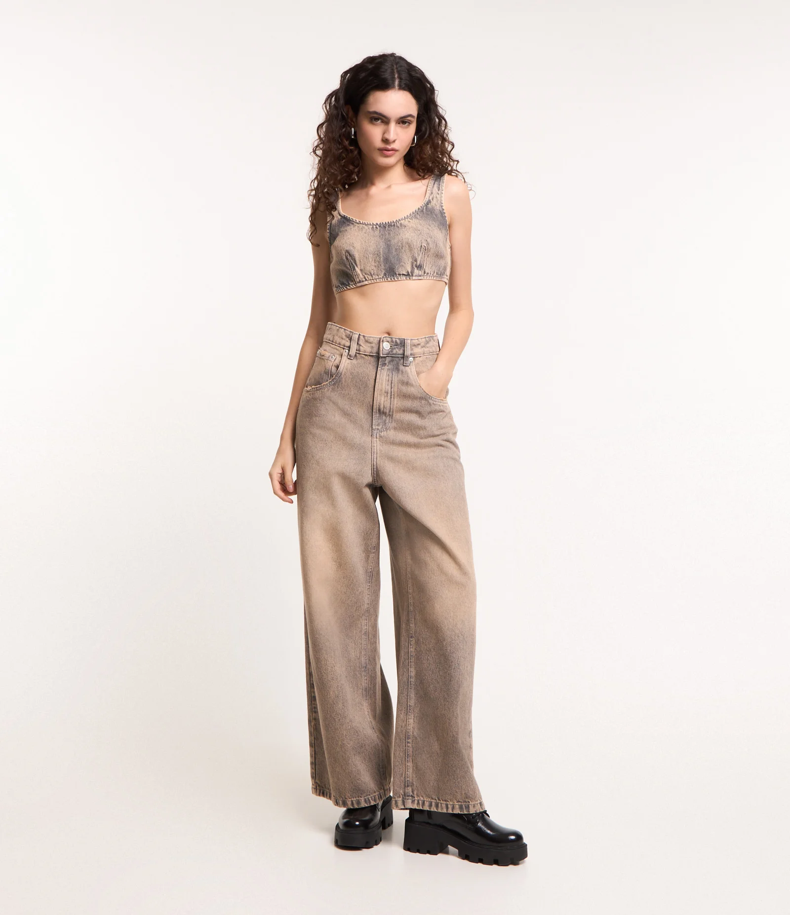 Top de Alça Larga em Jeans Dirty Washed Azul 2