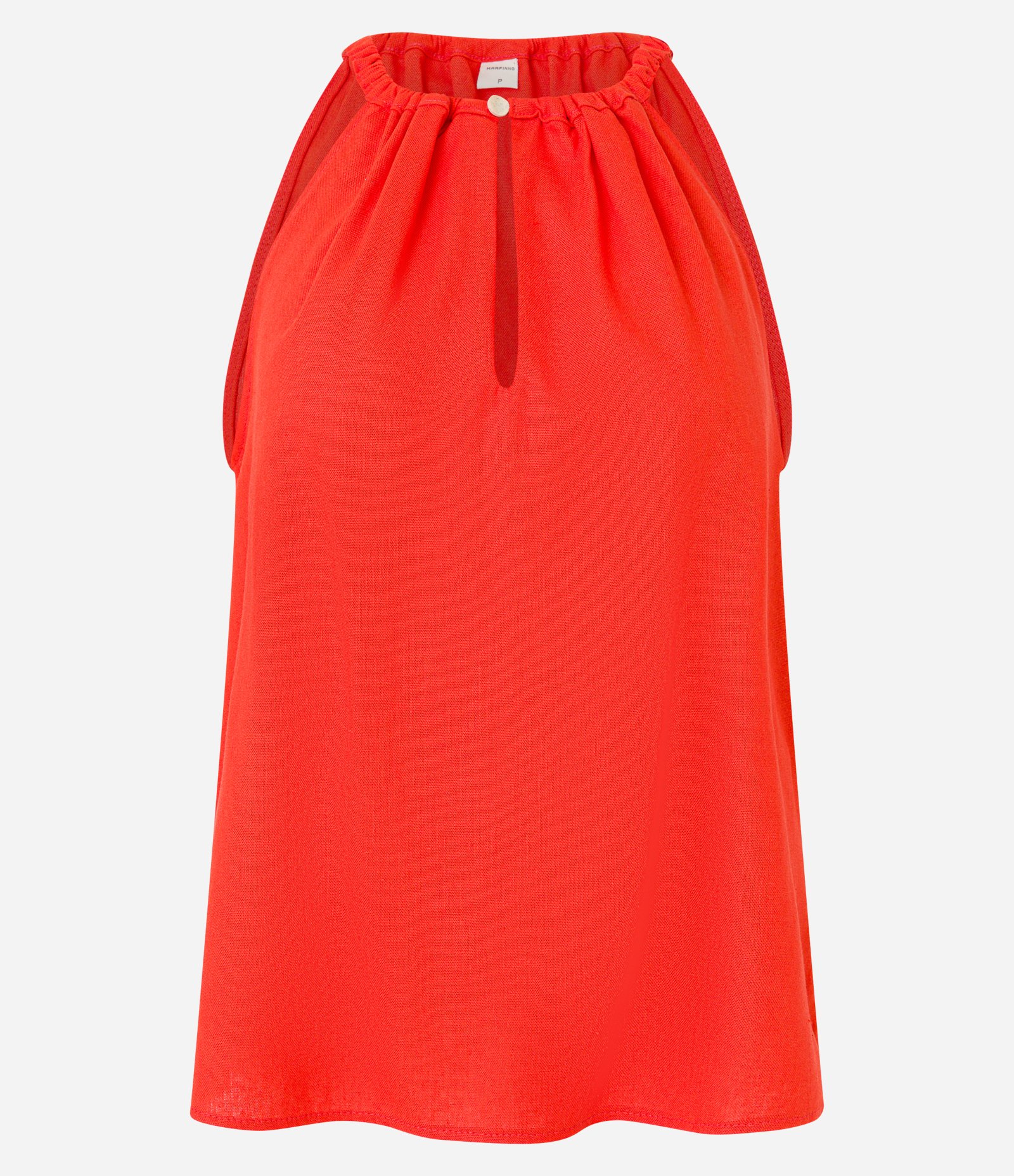 Blusa Regata em Viscolinho Gola com Abertura Franzida e Botão Laranja 5