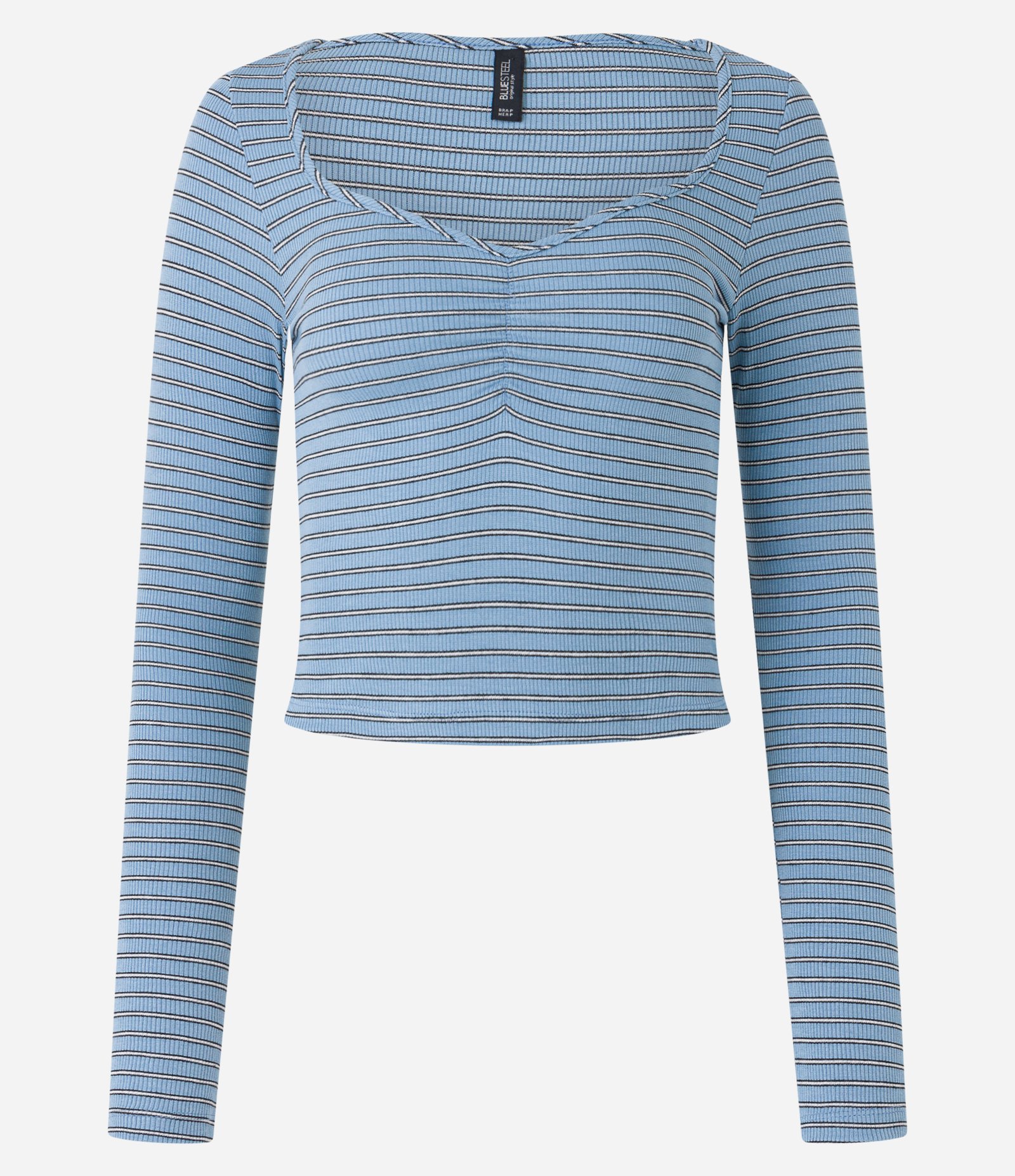 Blusa em Ribana Listrada com Drapeado no Busto Azul 6