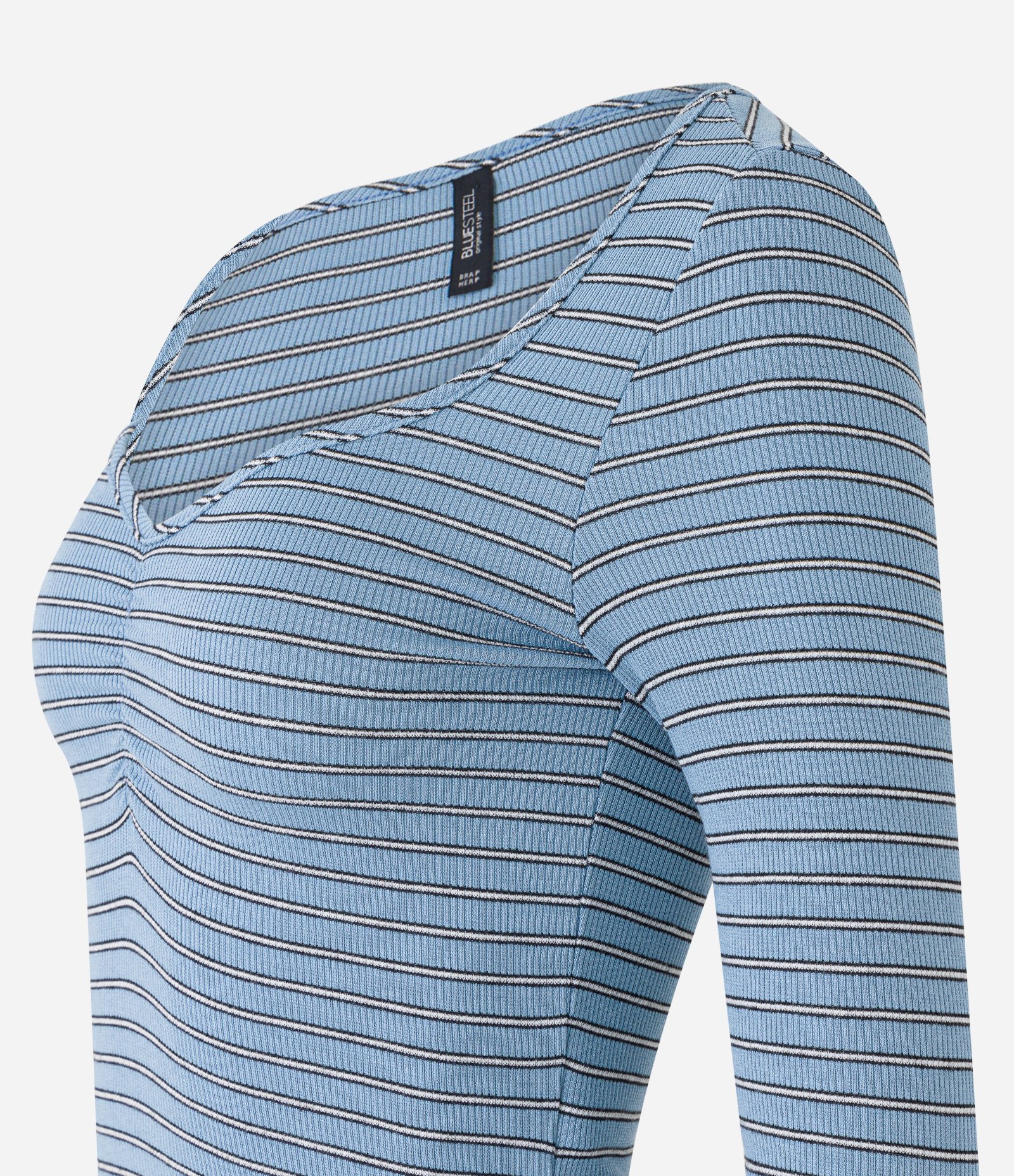 Blusa em Ribana Listrada com Drapeado no Busto Azul 7