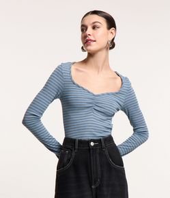 Blusa em Ribana Listrada com Drapeado no Busto