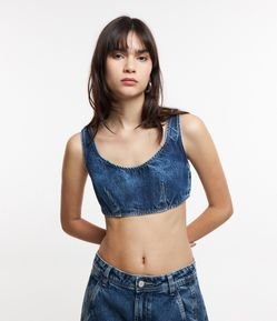 Top de Alça em Jeans com Decote U e Recortes no Busto