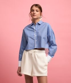 Camisa Cropped em Tricoline com Estampa Listras