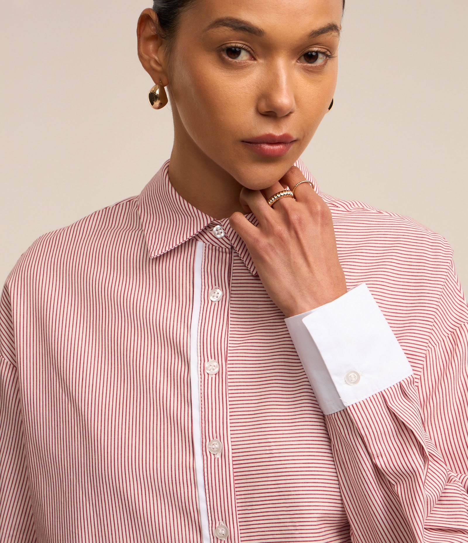 Camisa Cropped em Tricoline com Estampa Listras Rosa/ Branco 3