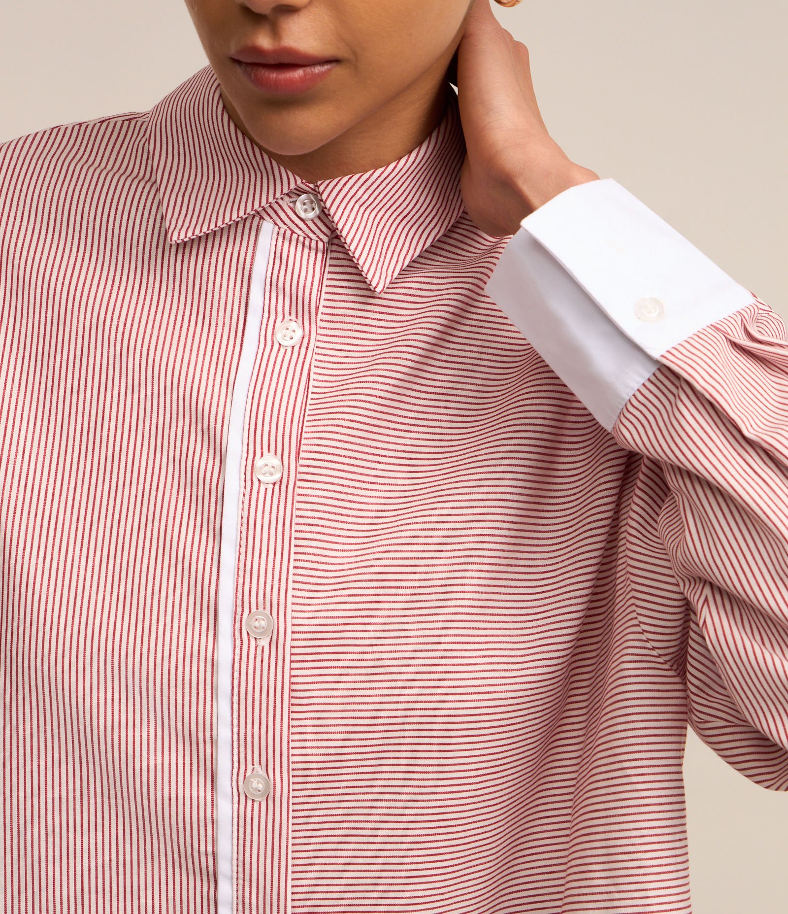 Camisa Cropped em Tricoline com Estampa Listras Rosa/ Branco 5