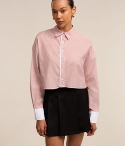 Camisa Cropped em Tricoline com Estampa Listras