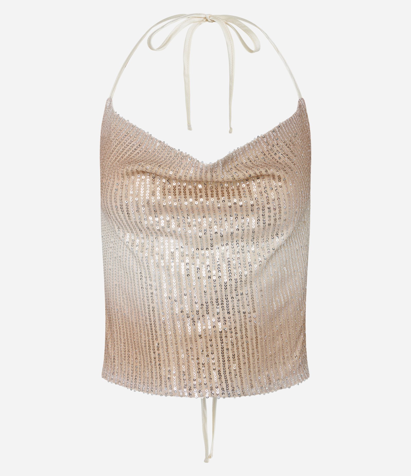 Blusa Cropped Frente Única em Paetê com Decote Degagê Bege 5