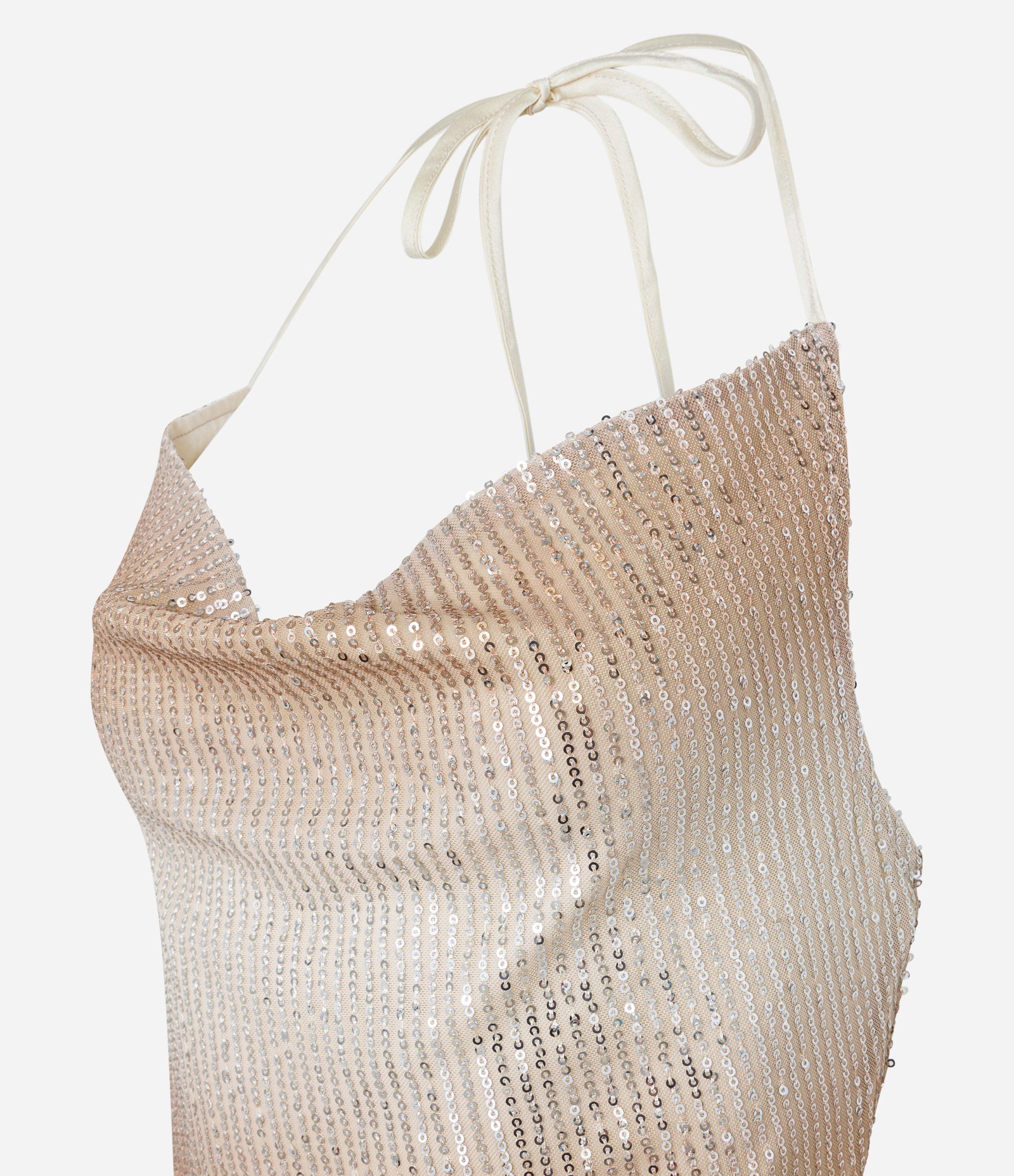 Blusa Cropped Frente Única em Paetê com Decote Degagê Bege 6