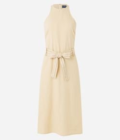 Vestido Midi Sem Manga em Sarja com Cinto de Tecido