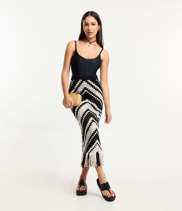 Saída de Praia Midi Efeito Crochê com Estampa Geomértrica