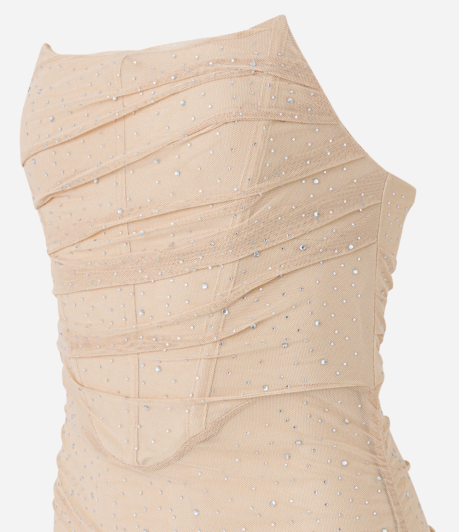 Vestido Curto Tomara que Caia em Tule com Franzido e Brilho Bege 8